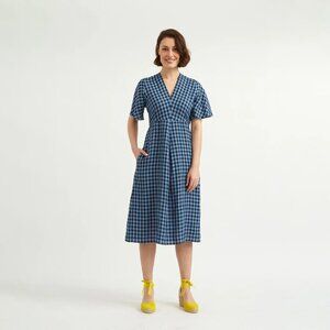 Justine Tabak Rye Dress Blue Linen Gingham Size XS